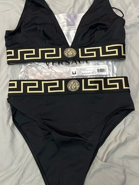 Versace Black and Gold Medusa Trim Two-Piece Bikini